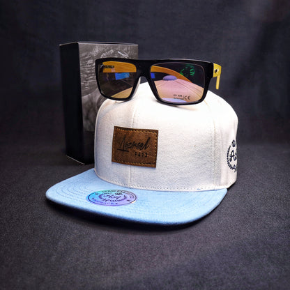 Pack Snapback Blanco-Celeste + Lente de Sol Bambú