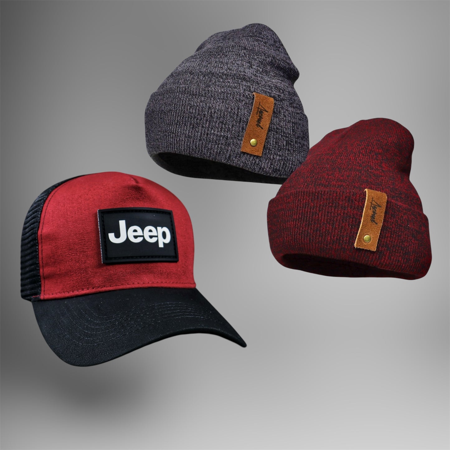 Pack | Jockey Jeep Burdeo-Negro + 2 Gorros de Invierno