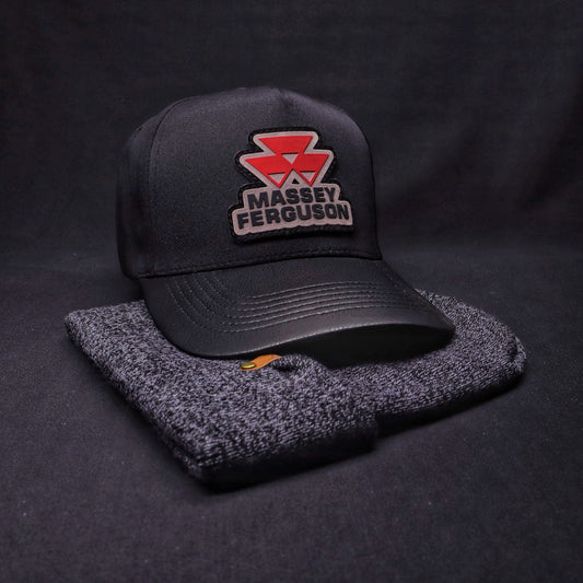 Pack Jockey Massey Ferguson Negro + Gorro Invierno Gris Oscuro Jaspeado