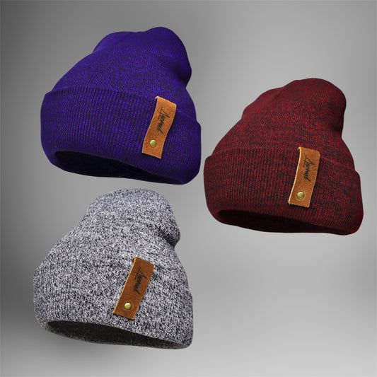 Pack | 3 Gorros de Invierno Gris Claro - Azul y Burdeo Jaspeado